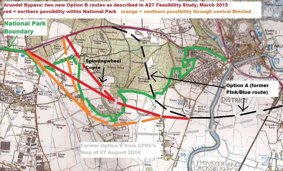 The A27 Feasibility Study Report was published with no clear route for Arundel Bypass Option B - this map shows three possibilities, all more damaging than Option A