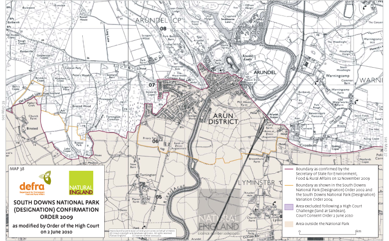 Map showing the Arundel area boundary of the South Downs National Park in 2002 and in 2009